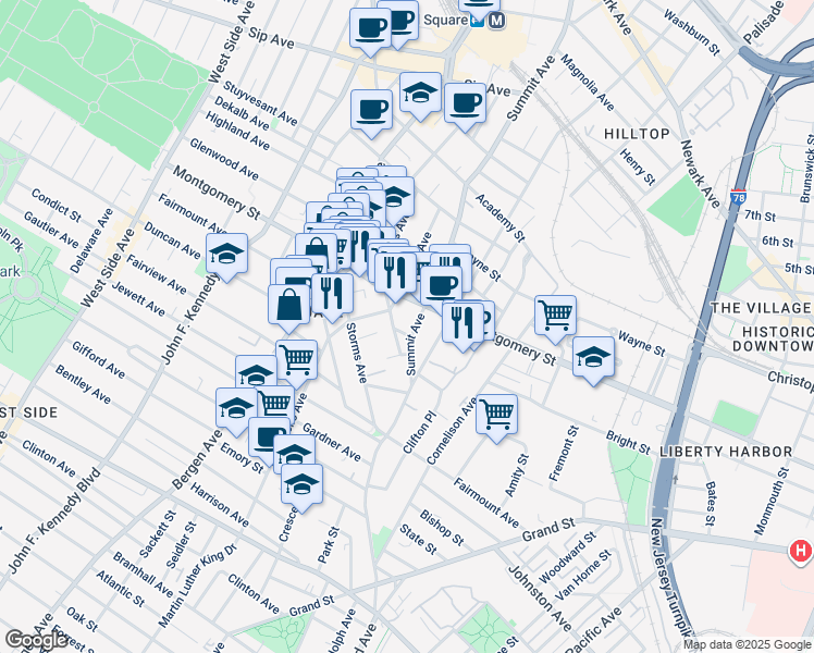 map of restaurants, bars, coffee shops, grocery stores, and more near 246 Summit Avenue in Jersey City