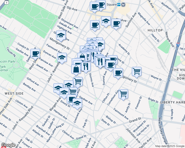 map of restaurants, bars, coffee shops, grocery stores, and more near 29 Orchard Street in Jersey City