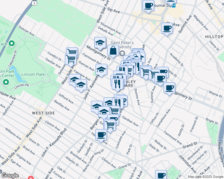 map of restaurants, bars, coffee shops, grocery stores, and more near 74 Fairview Avenue in Jersey City