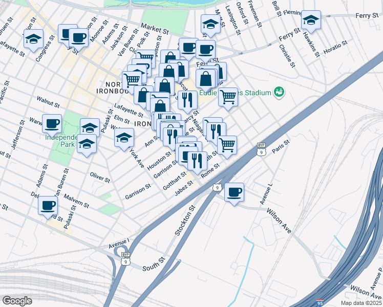 map of restaurants, bars, coffee shops, grocery stores, and more near 30 Barbara Street in Newark