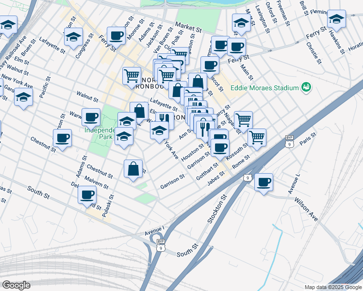 map of restaurants, bars, coffee shops, grocery stores, and more near 69 Ann Street in Newark