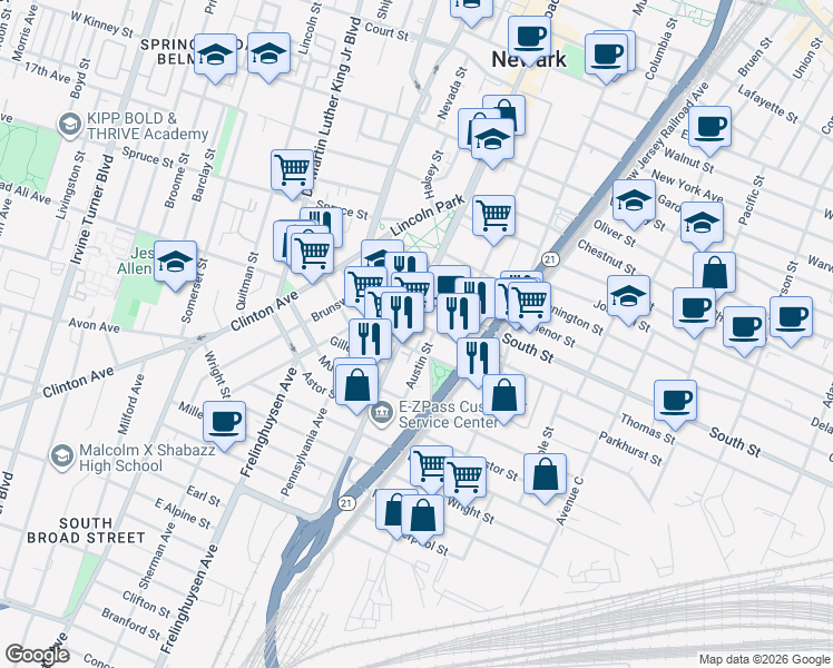 map of restaurants, bars, coffee shops, grocery stores, and more near 1117 Broad Street in Newark