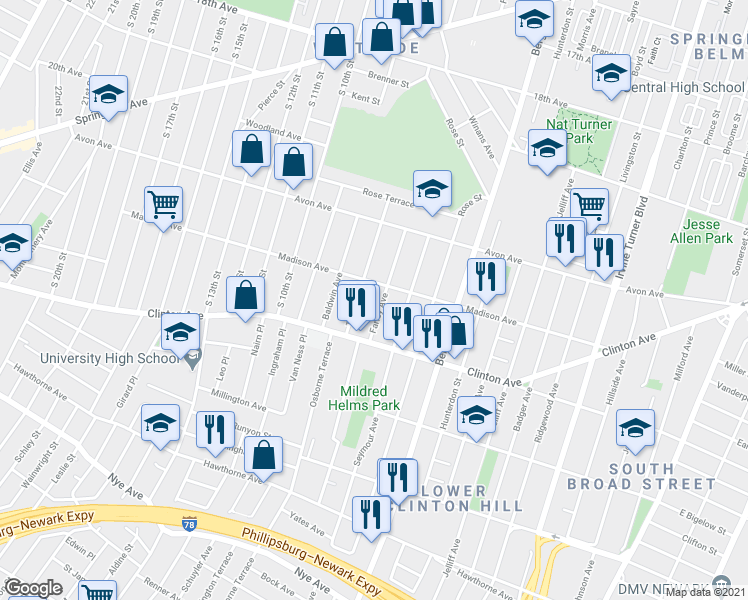 map of restaurants, bars, coffee shops, grocery stores, and more near 84 Treacy Avenue in Newark