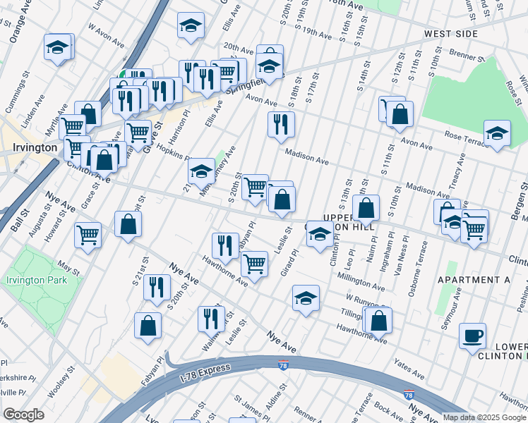 map of restaurants, bars, coffee shops, grocery stores, and more near 797-805 Clinton Avenue in Newark