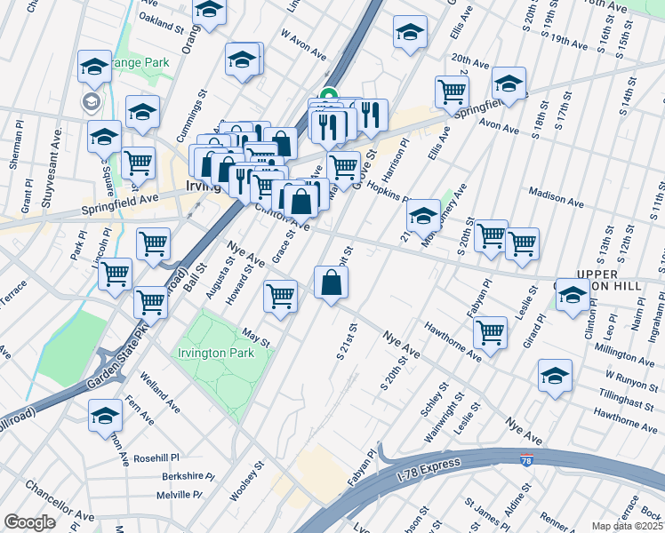 map of restaurants, bars, coffee shops, grocery stores, and more near 35 Coit Street in Irvington