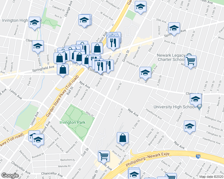 map of restaurants, bars, coffee shops, grocery stores, and more near 35 Coit Street in Irvington