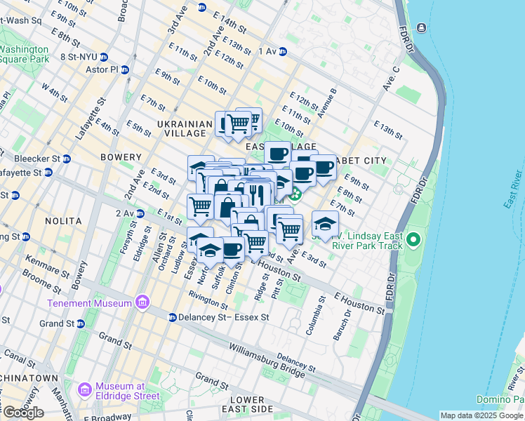 map of restaurants, bars, coffee shops, grocery stores, and more near 231 East 4th Street in New York