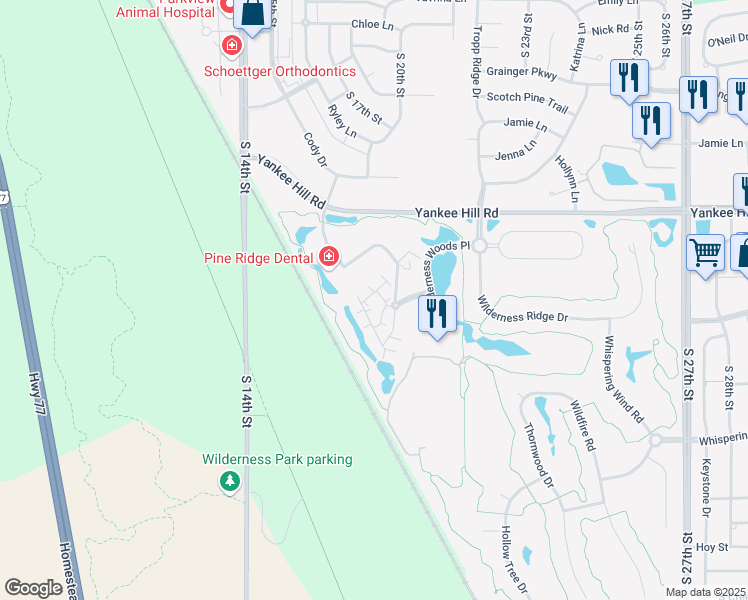map of restaurants, bars, coffee shops, grocery stores, and more near 8761 Executive Woods Drive in Lincoln