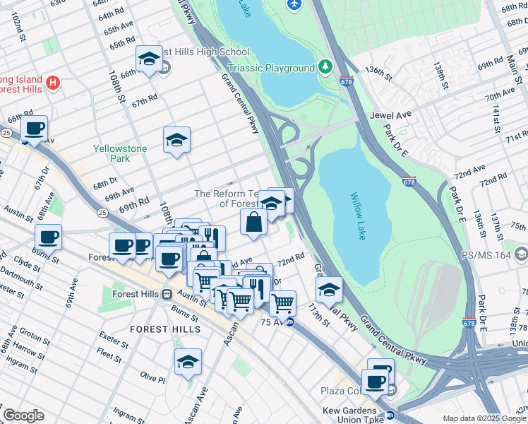 map of restaurants, bars, coffee shops, grocery stores, and more near 70-01 113th Street in Queens