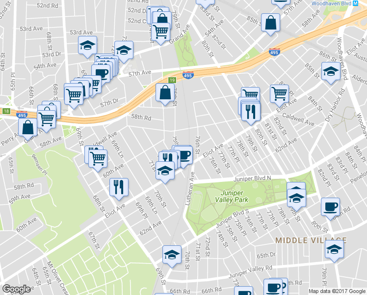 map of restaurants, bars, coffee shops, grocery stores, and more near 60-41 75th Street in Queens