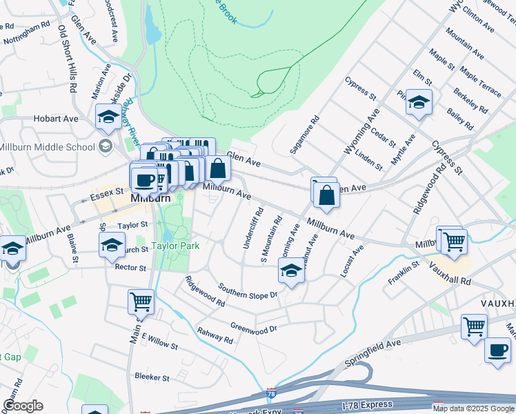 map of restaurants, bars, coffee shops, grocery stores, and more near 258 Millburn Avenue in Millburn