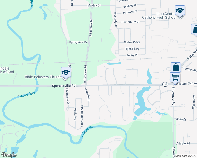 map of restaurants, bars, coffee shops, grocery stores, and more near 3147 Spring Blossoms Court in Lima