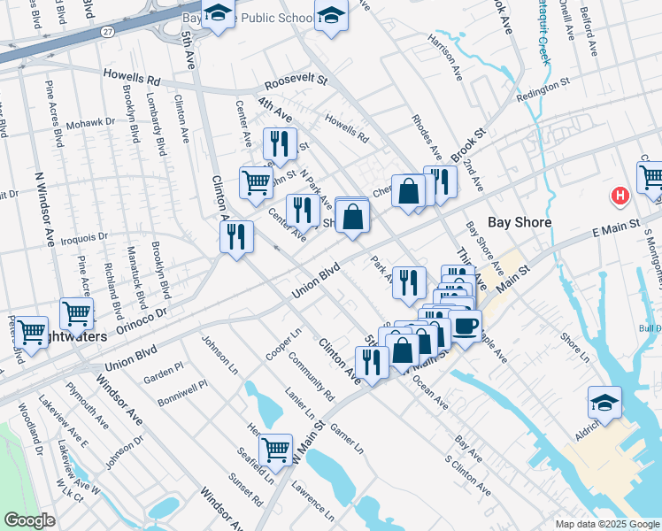 map of restaurants, bars, coffee shops, grocery stores, and more near 75 Smith Avenue in Bay Shore