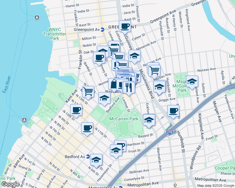 map of restaurants, bars, coffee shops, grocery stores, and more near 57 Nassau Avenue in Brooklyn