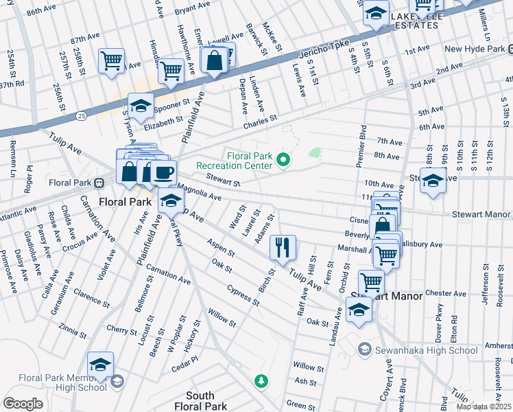map of restaurants, bars, coffee shops, grocery stores, and more near 60 Laurel Street in Floral Park