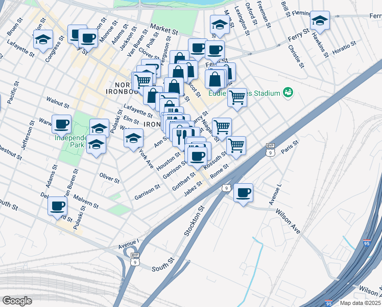 map of restaurants, bars, coffee shops, grocery stores, and more near 147 Wilson Avenue in Newark