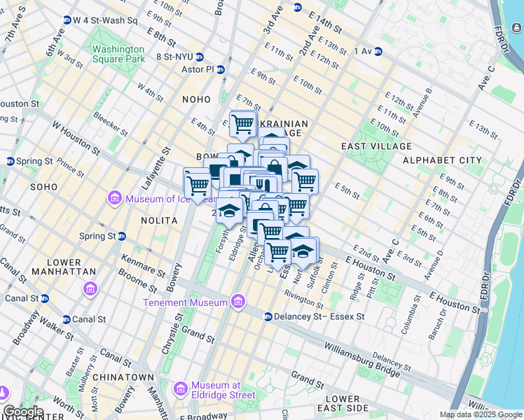 map of restaurants, bars, coffee shops, grocery stores, and more near 46 East 1st Street in New York