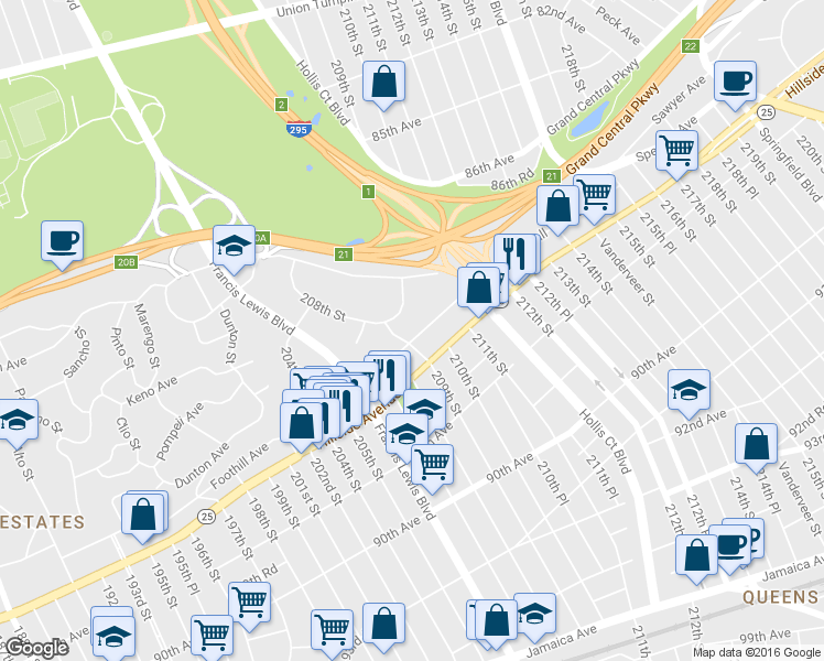 map of restaurants, bars, coffee shops, grocery stores, and more near 209-11 Whitehall Terrace in Queens