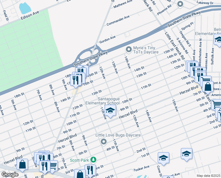 map of restaurants, bars, coffee shops, grocery stores, and more near 254 12th Avenue in West Babylon
