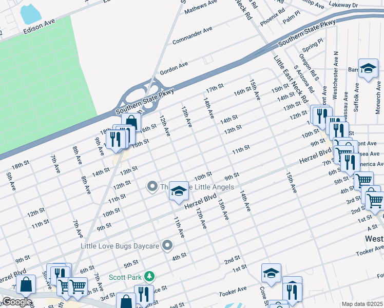 map of restaurants, bars, coffee shops, grocery stores, and more near 1230 12th Street in West Babylon
