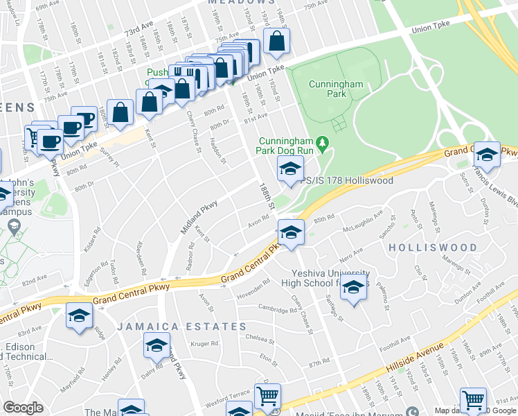 map of restaurants, bars, coffee shops, grocery stores, and more near 186-38 Radnor Road in Queens
