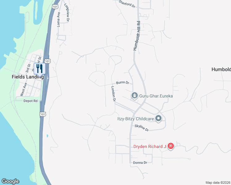 map of restaurants, bars, coffee shops, grocery stores, and more near 2196 Well Court in Eureka