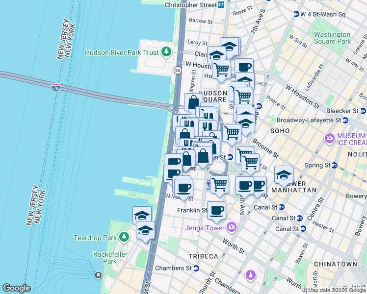 map of restaurants, bars, coffee shops, grocery stores, and more near Washington St & Desbrosses St in New York