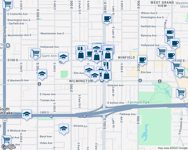 map of restaurants, bars, coffee shops, grocery stores, and more near 633 Wilmington Avenue in Salt Lake City