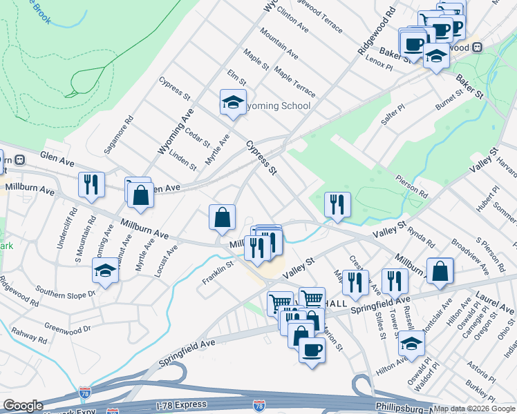 map of restaurants, bars, coffee shops, grocery stores, and more near 18 Norwood Terrace in Essex County