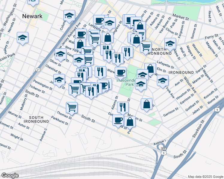 map of restaurants, bars, coffee shops, grocery stores, and more near 228 Oliver Street in Newark