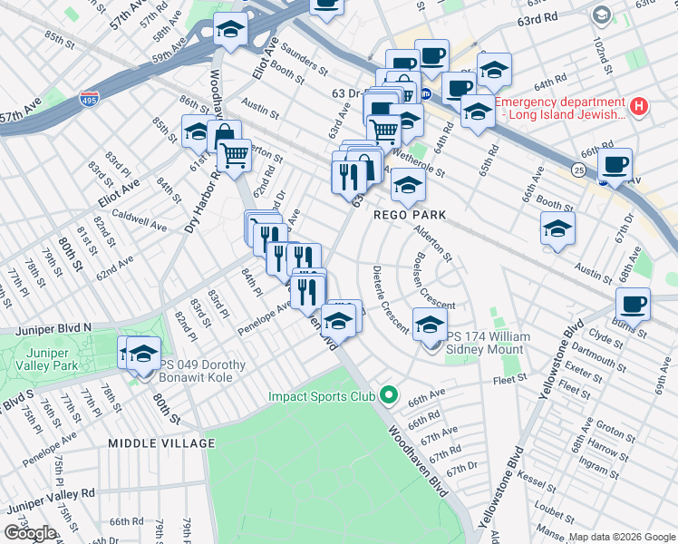 map of restaurants, bars, coffee shops, grocery stores, and more near 63-87 Fitchett Street in Queens
