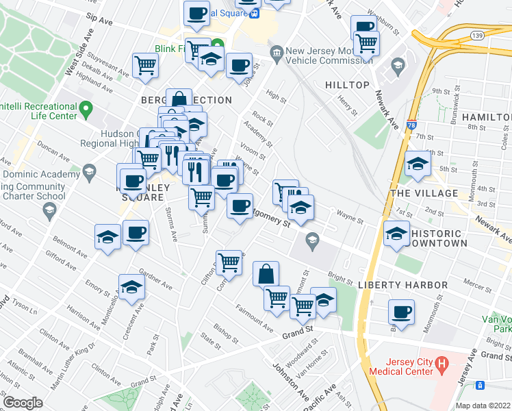 map of restaurants, bars, coffee shops, grocery stores, and more near 608 Montgomery Street in Jersey City