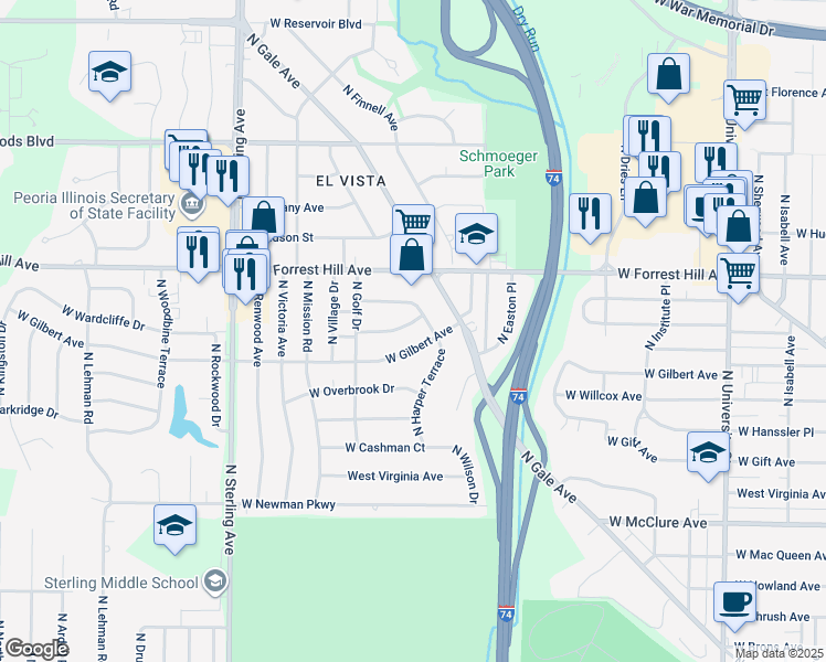 map of restaurants, bars, coffee shops, grocery stores, and more near 2012 W Hamilton Pl in Peoria