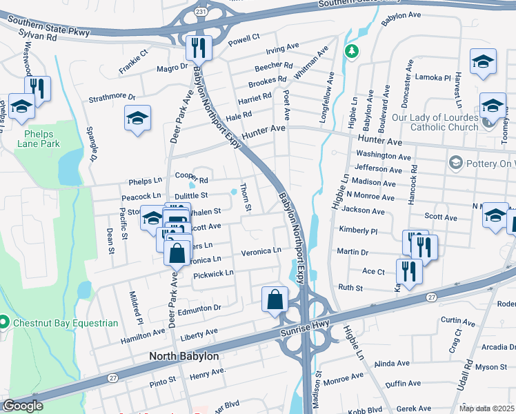 map of restaurants, bars, coffee shops, grocery stores, and more near 12 Whittier Avenue in North Babylon