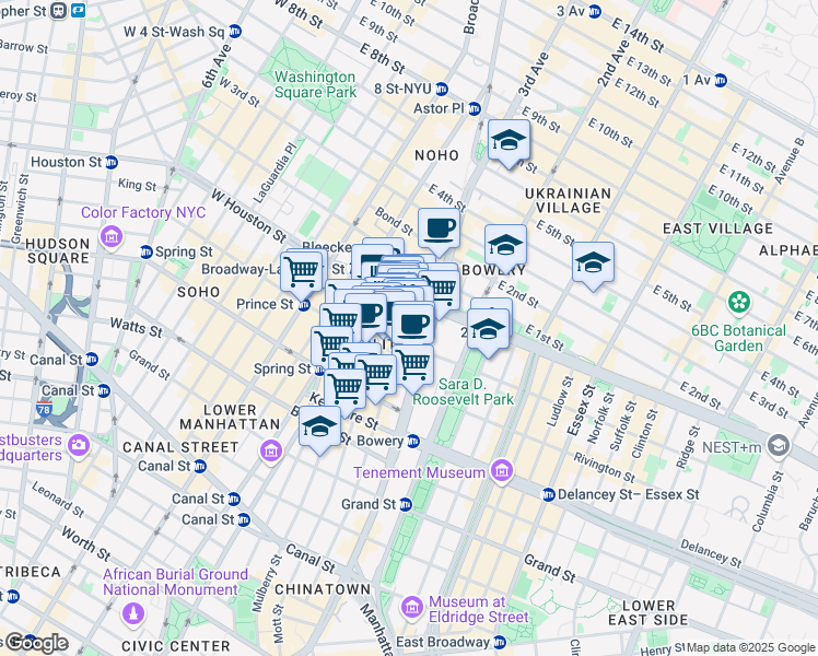 map of restaurants, bars, coffee shops, grocery stores, and more near 259 Elizabeth Street in New York