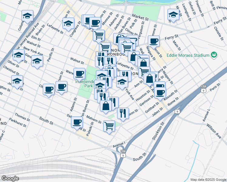 map of restaurants, bars, coffee shops, grocery stores, and more near 205 Warwick Street in Newark