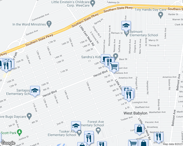 map of restaurants, bars, coffee shops, grocery stores, and more near 1521 9th St in West Babylon