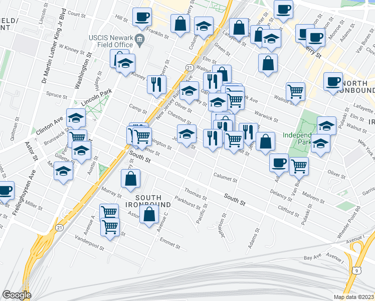 map of restaurants, bars, coffee shops, grocery stores, and more near 44-48 Hermon Street in Newark