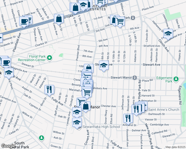 map of restaurants, bars, coffee shops, grocery stores, and more near 20 Covert Ave in Stewart Manor