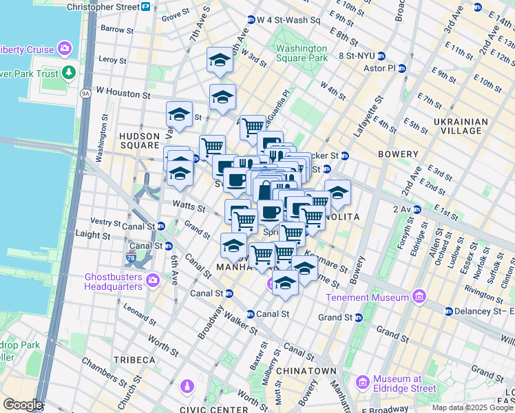 map of restaurants, bars, coffee shops, grocery stores, and more near 118 Spring Street in New York