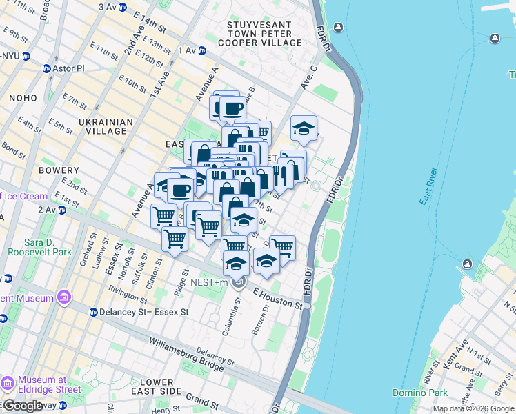 map of restaurants, bars, coffee shops, grocery stores, and more near 238-240 East 7th Street in New York