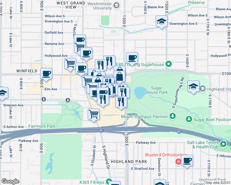 map of restaurants, bars, coffee shops, grocery stores, and more near 1251 Wilmington Avenue in Salt Lake City