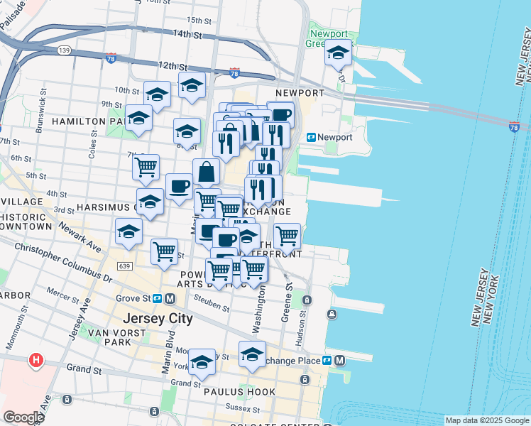 map of restaurants, bars, coffee shops, grocery stores, and more near 465 Washington Boulevard in Jersey City