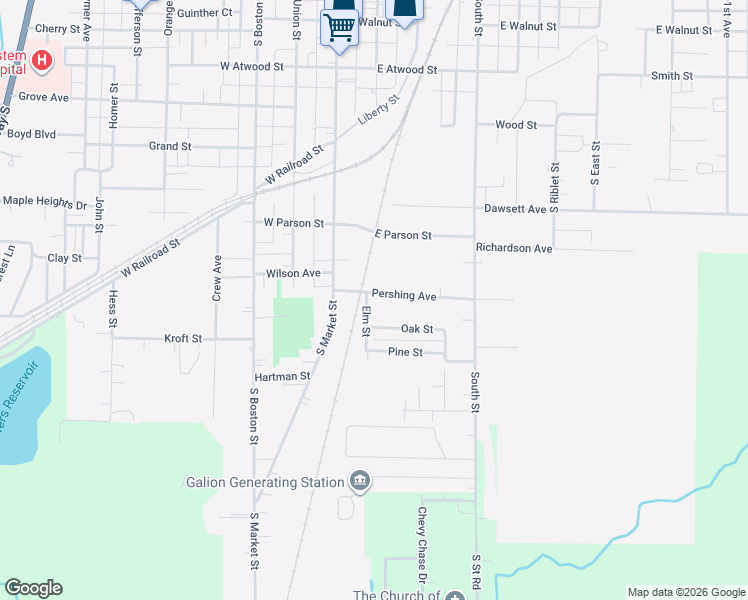 map of restaurants, bars, coffee shops, grocery stores, and more near 201 Pershing Avenue in Galion