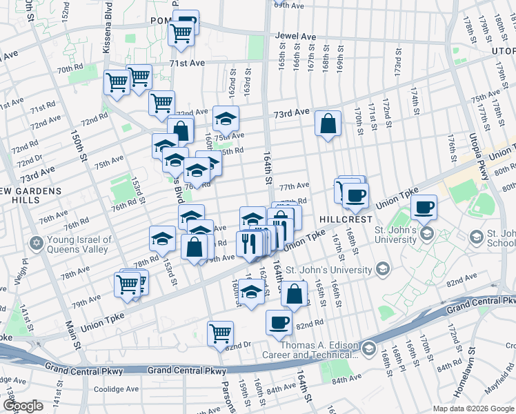 map of restaurants, bars, coffee shops, grocery stores, and more near 162-6 77th Road in Queens