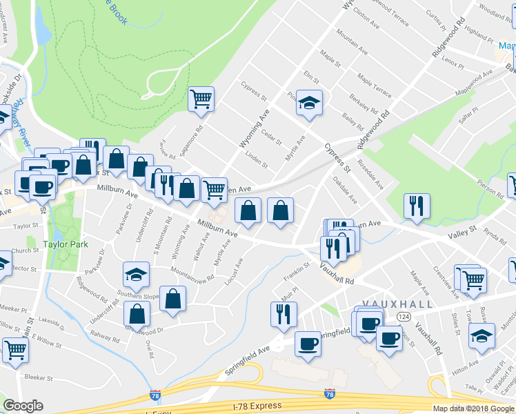 map of restaurants, bars, coffee shops, grocery stores, and more near 120 Myrtle Avenue in Essex County