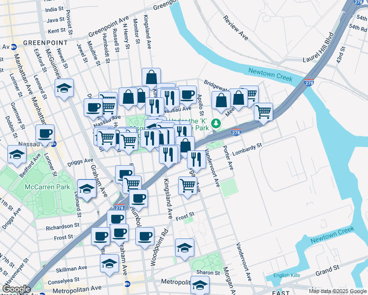 map of restaurants, bars, coffee shops, grocery stores, and more near Morgan Avenue & Driggs Avenue in Brooklyn