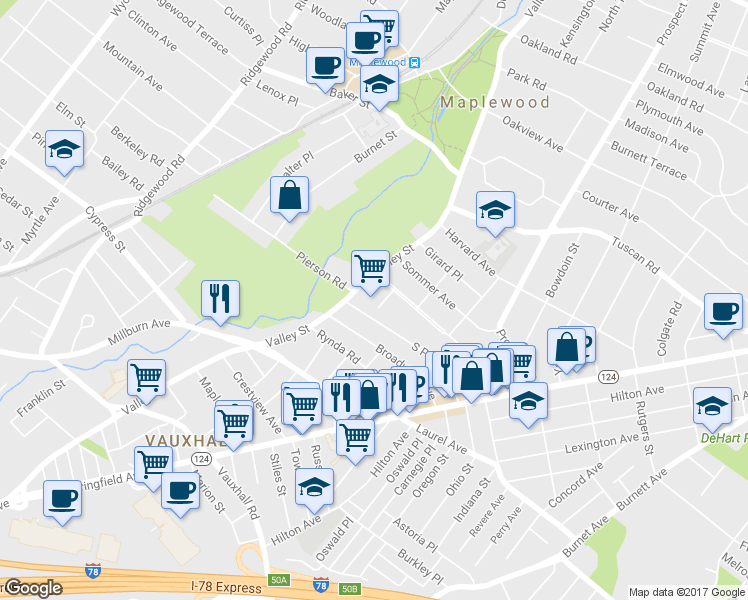 map of restaurants, bars, coffee shops, grocery stores, and more near 11 Alden Place in Maplewood
