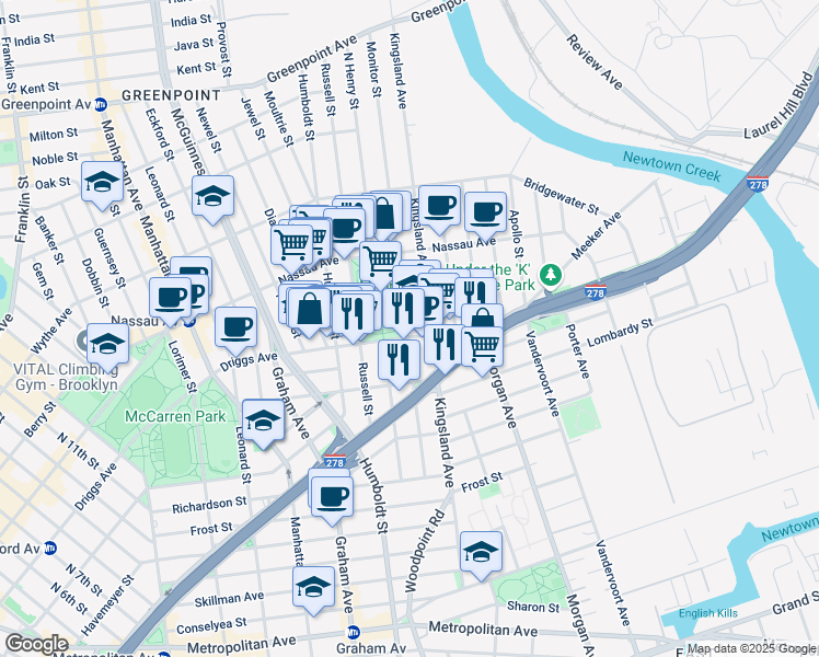 map of restaurants, bars, coffee shops, grocery stores, and more near 110 Monitor Street in Brooklyn