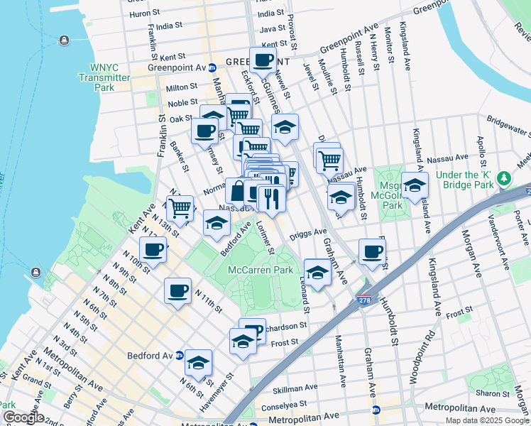 map of restaurants, bars, coffee shops, grocery stores, and more near 57 Nassau Avenue in Brooklyn